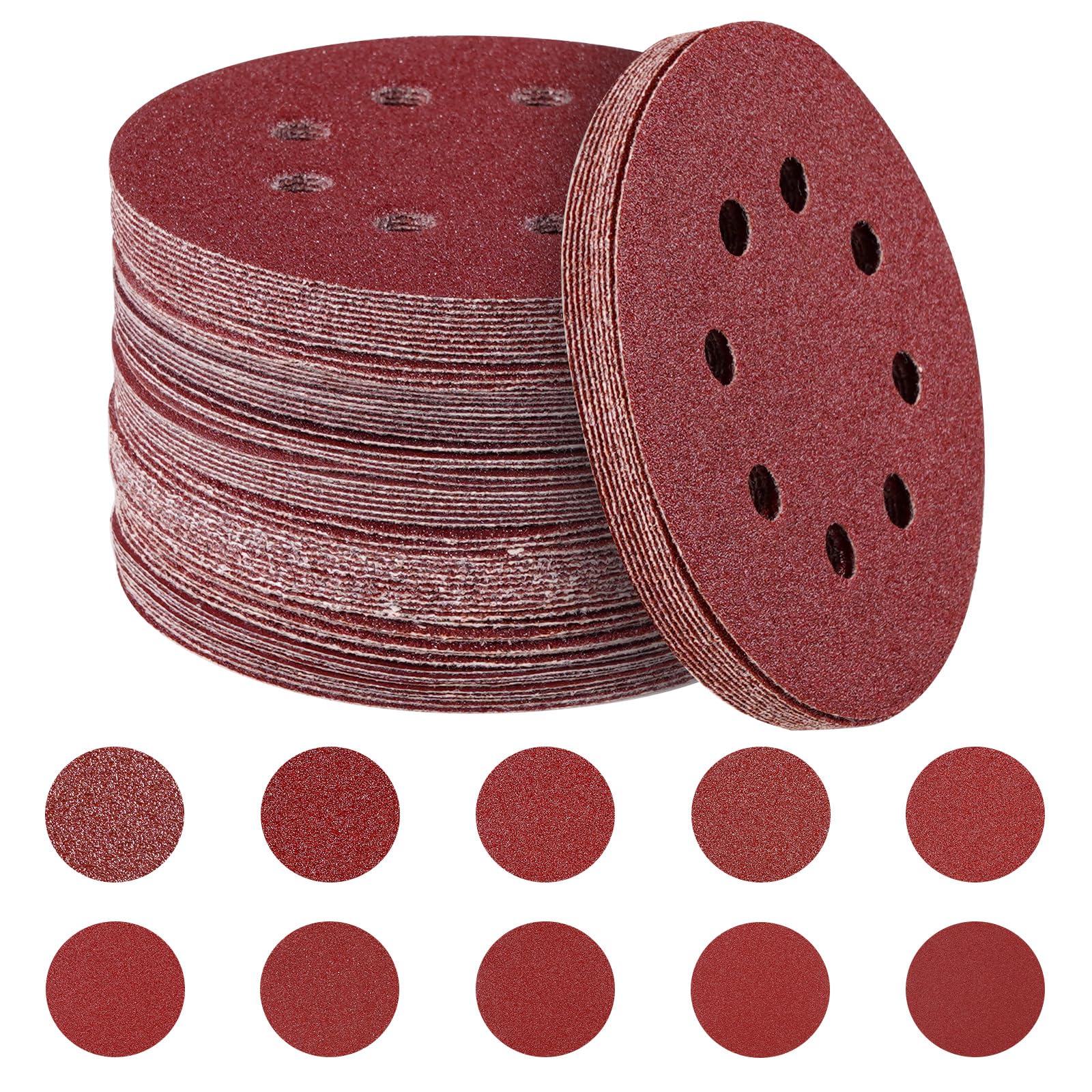 HYCHIKA 100PCS Sanding Discs, 125mm Orbital Sander Discs, 8 Holes 5 Inch Hook and Loop 40/60/ 80/100/120/150/180/240 /320/400 Grit Sandpaper Assortment for Orbital Sander — image 1