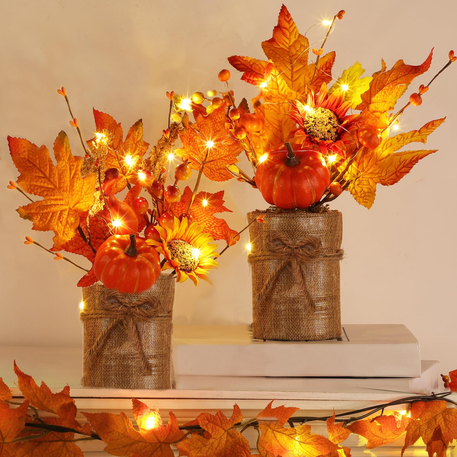 Photo 1 of [2-Style & Light Timer] 2 Pack 13 Inch Fall Decor Table Centerpiece with Lights 20LED Maple Arrangement Potted Pumpkin Sunflower in Burlap Fall Decorations for Home Kitchen Office Autumn Thanksgiving