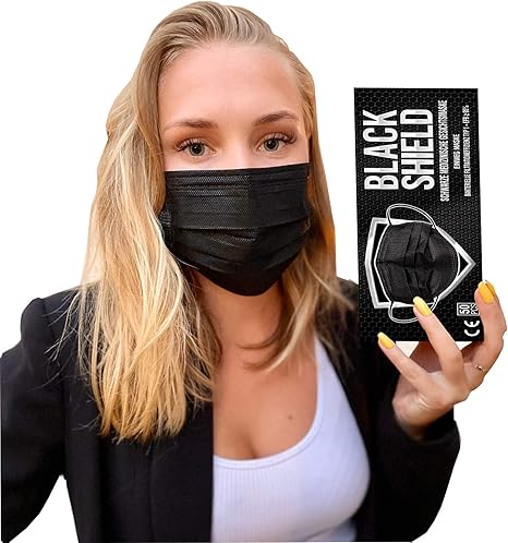 Mascherina chirurgica medicale nera 3 veli black shield certificata ce - dispositivo medico typo i - 50 pezzi