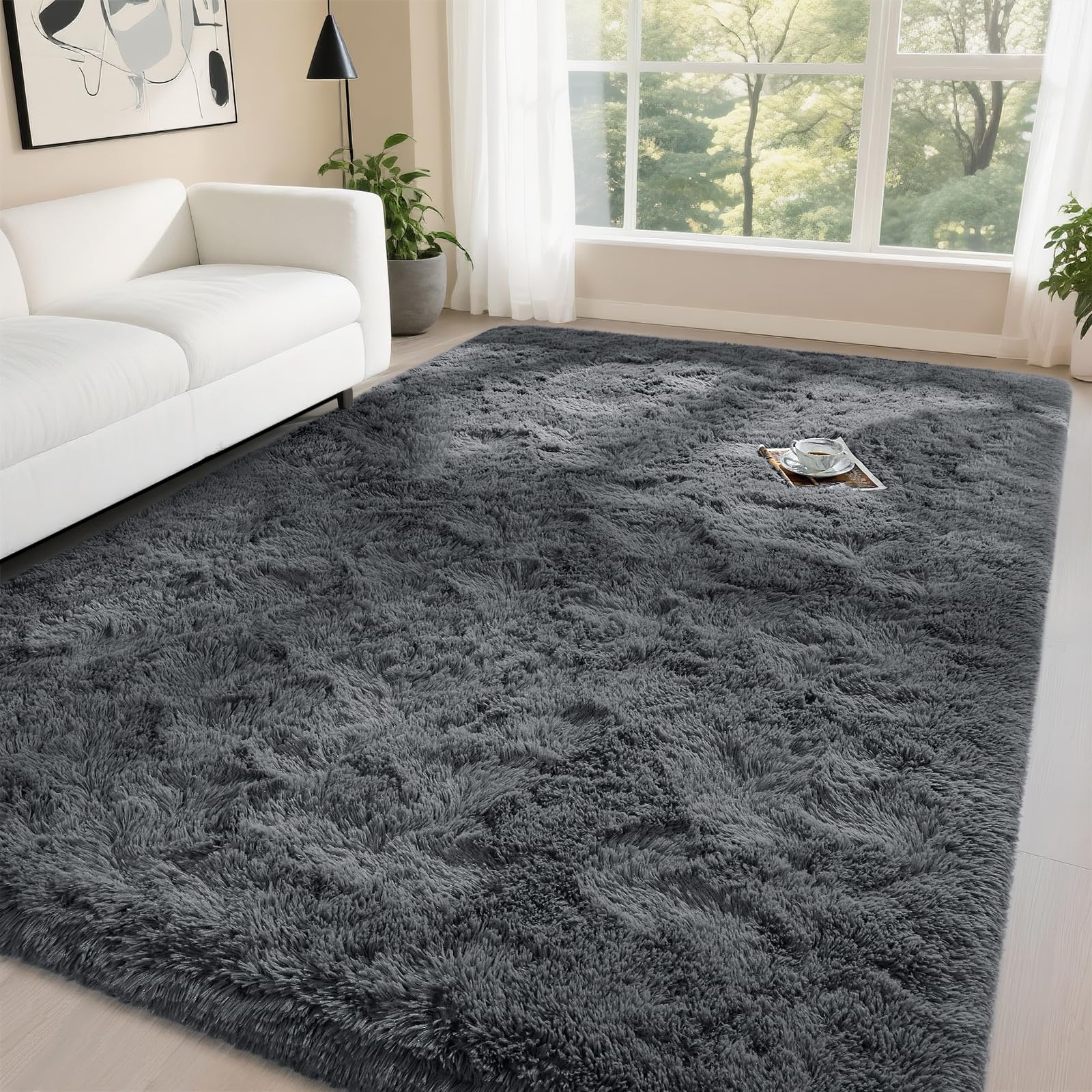 Photo 1 of DweIke Fluffy Dark Grey 4x6 Area Rugs for Bedroom Living Room, Soft Plush Shaggy Deep Gray Girls Boys Kids Rug, Non-Slip and Machine Washable Carpet for Dorm Nursery Classroom Decor