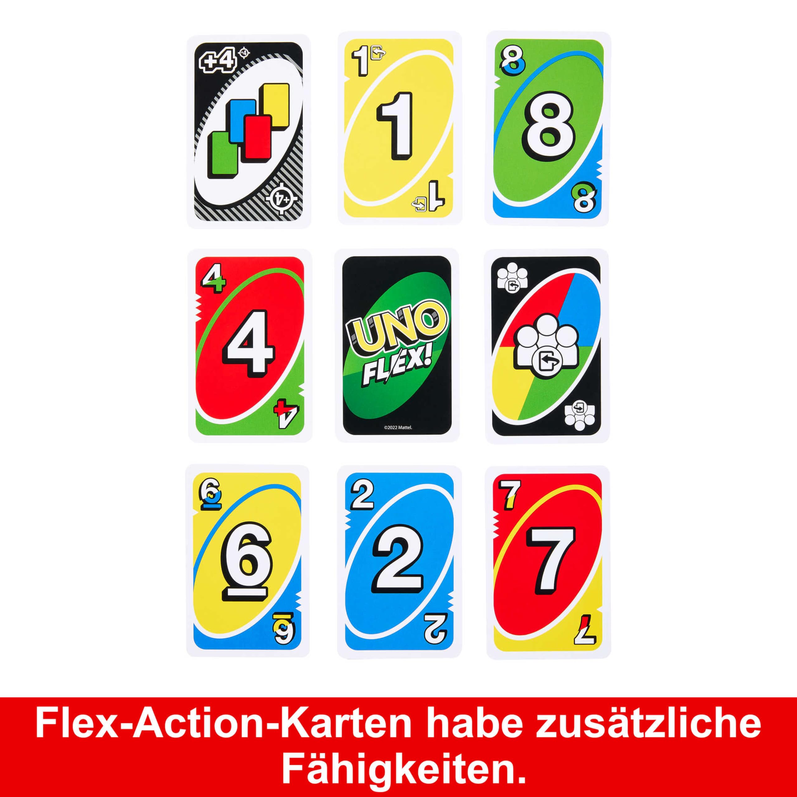 Mattel Games UNO Flex, UNO Kartenspiel für die Familie, mehr Abwechslung durch Powerkarten, Perfekt als Kinderspiel, Reisespiel oder Spiel für Erwachsene, für 2-10 Spieler, ab 7 Jahren, HMY99 5