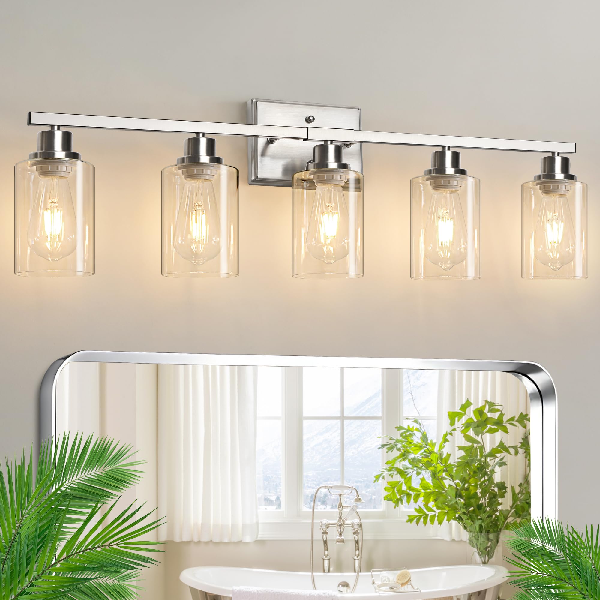 Ascher Bathroom Light Fixtures, 5-Light Vanity Lights with Clear Glass Shade, Modern Brushed Nickel Wall Light for Mirror Bedroom Hallway Cabinet Porch Image