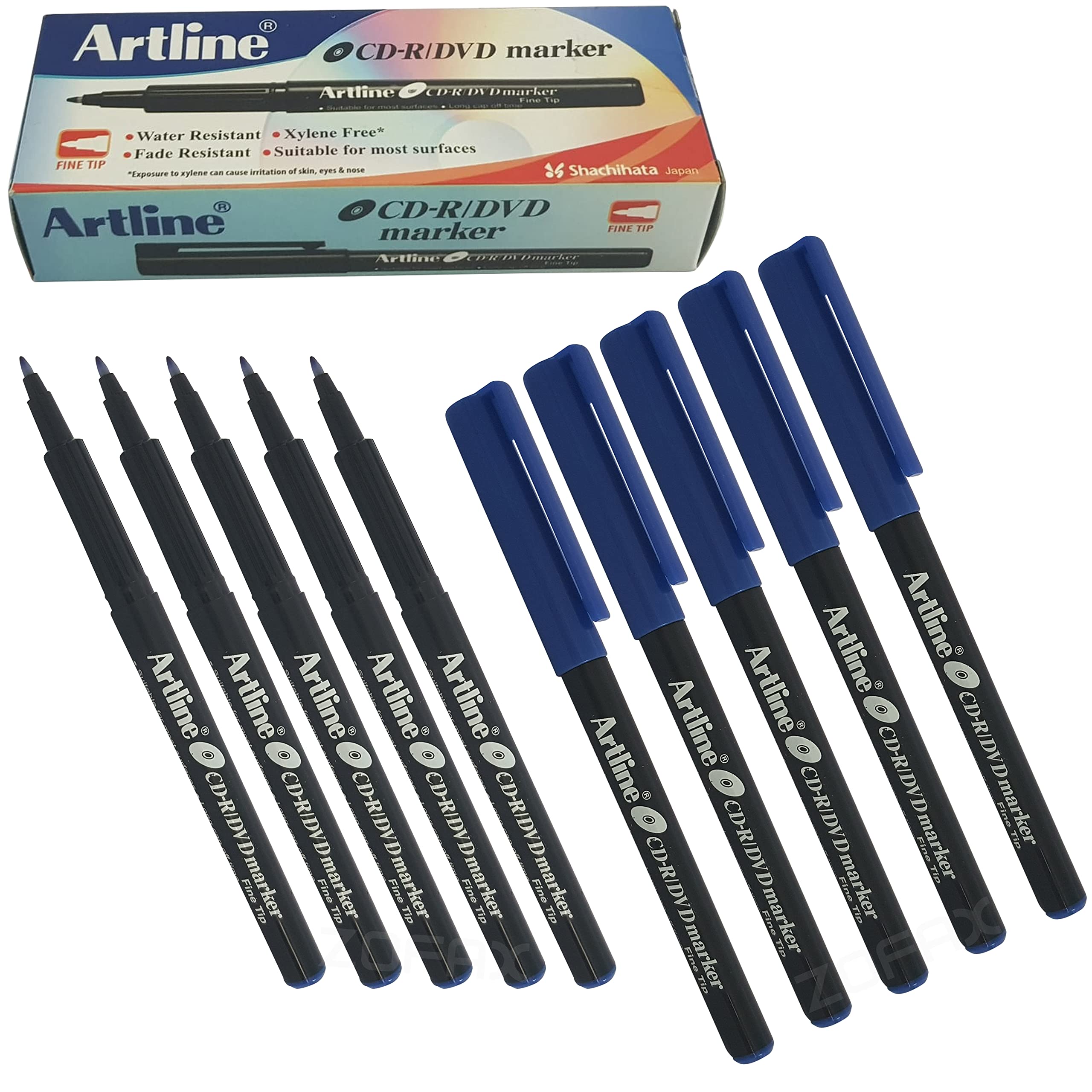 Artline Permanent Marker Pens, BLUE, Fine Tip, Pack of 10, Multipack, Fineline Smooth Surface Marker Pens, Water Fade Resistant Ink