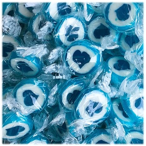 Herzbonbons zu Hochzeit Taufe Kommunion 500g blau-weiß - handgewickelte Rocks-Bonbons mit blauem Herz - Sorte Himbeere - Tisc