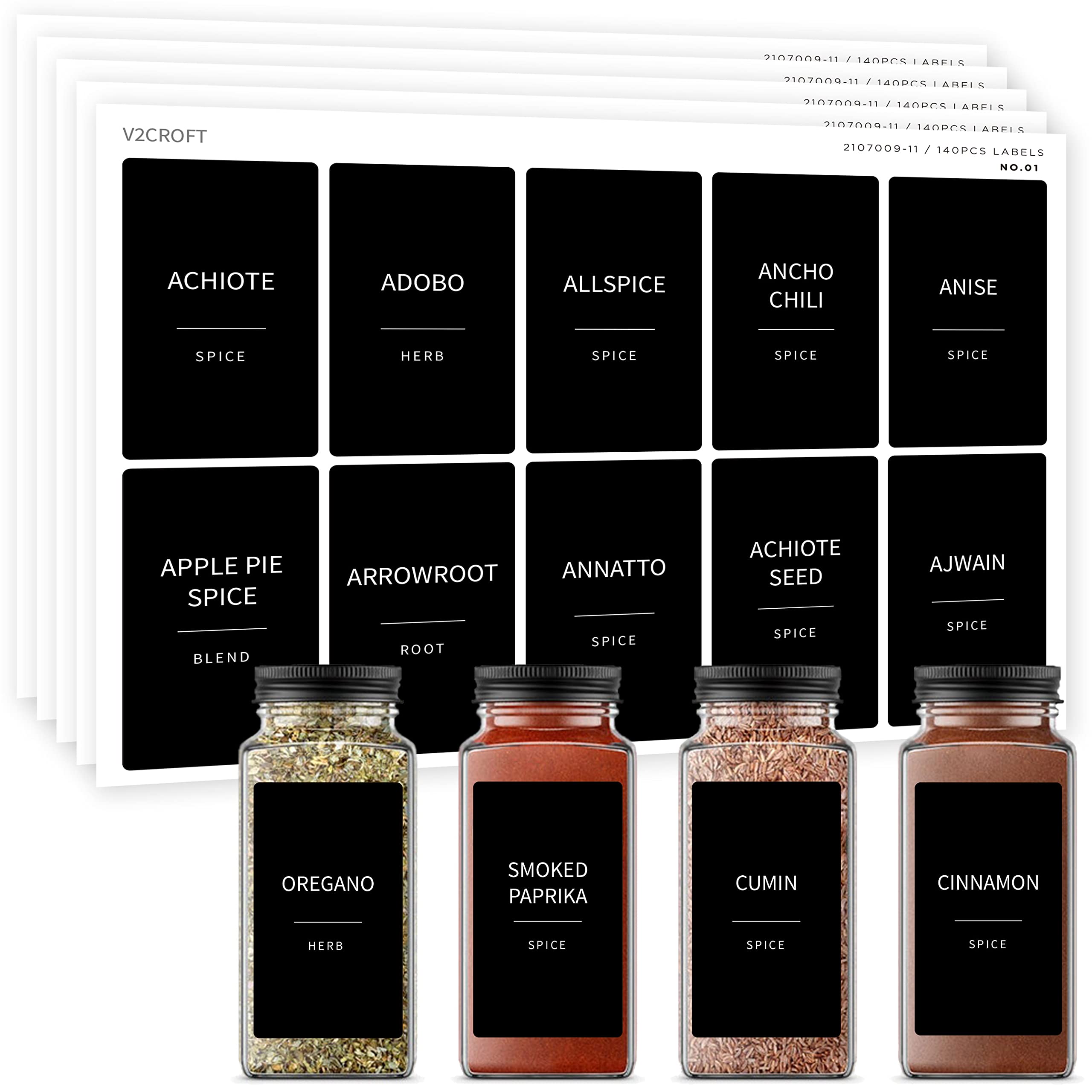 v2croft 140 Spice jar Lables, Herb and Seasoning Stickers,Minimalistic Black Matte Sticker White Text,Organization for Glass Jars Bottles Containers,Kitchen Storage Spice Rack lables(Waterproof)