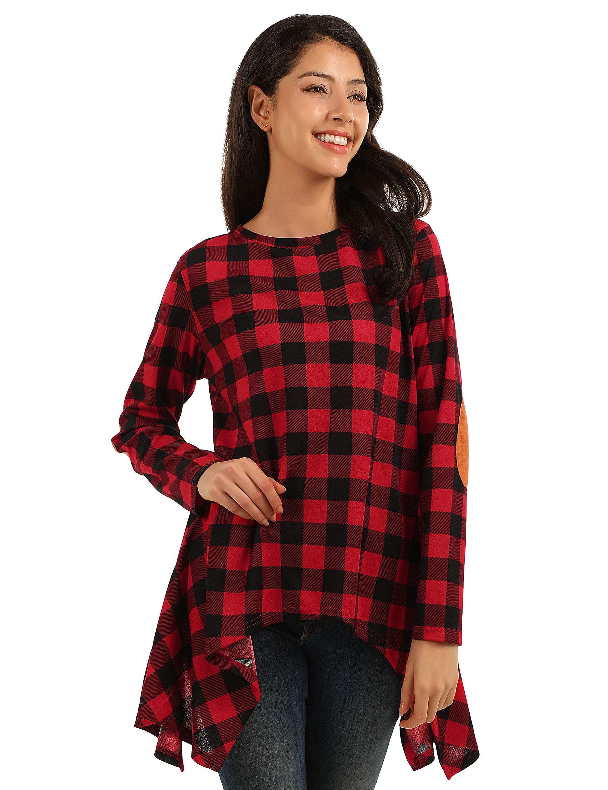 Blooming Jelly Womens Checked Plaid Shirt Long Sleeve Elbow Patch Tunic Color Block Casual Knit Top (x-Large, red Plaid)