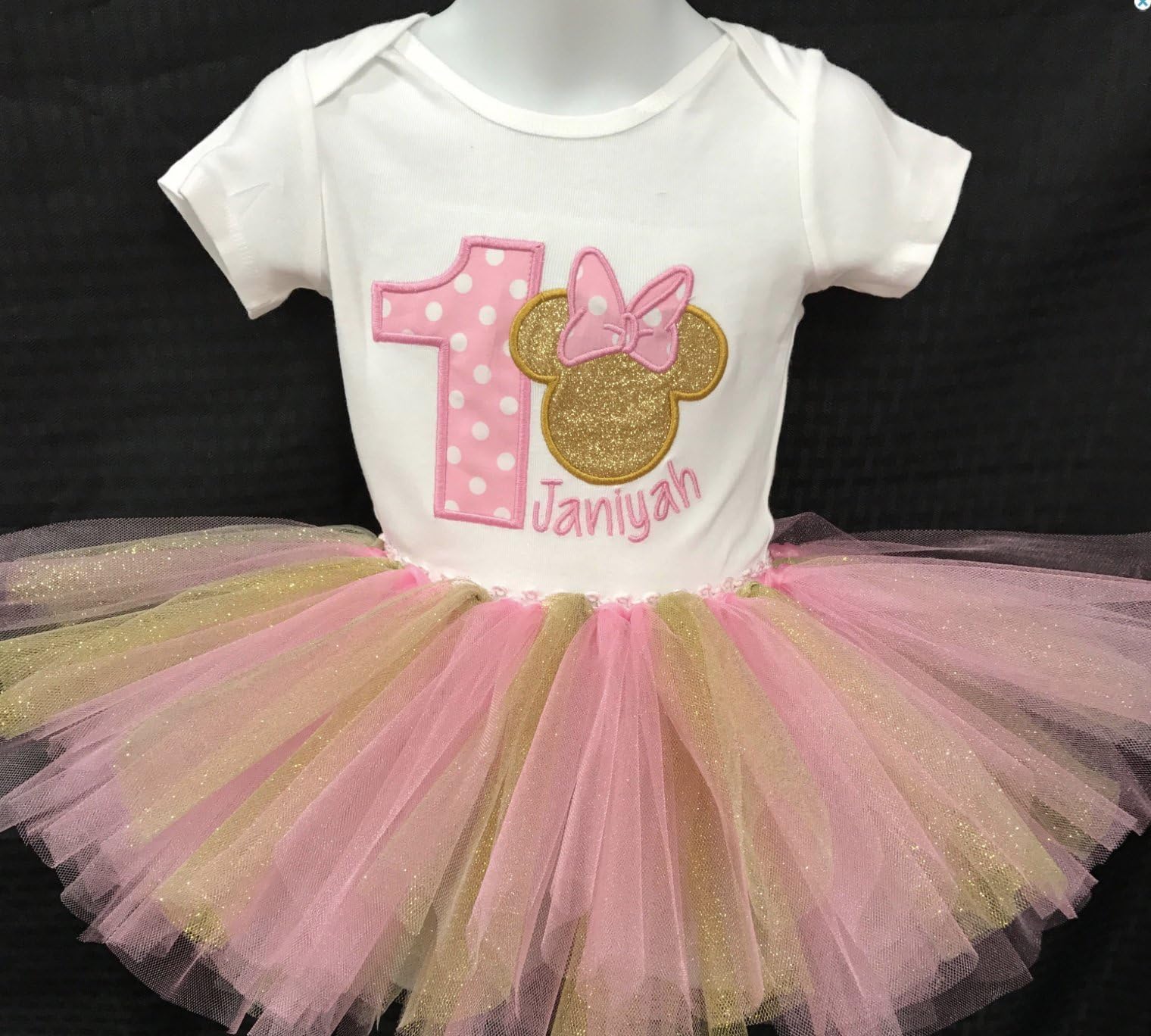 Embroidered Minnie Mouse Birthday Outfit T-shirt Tutu Onesie PINK GOLD Any Age
