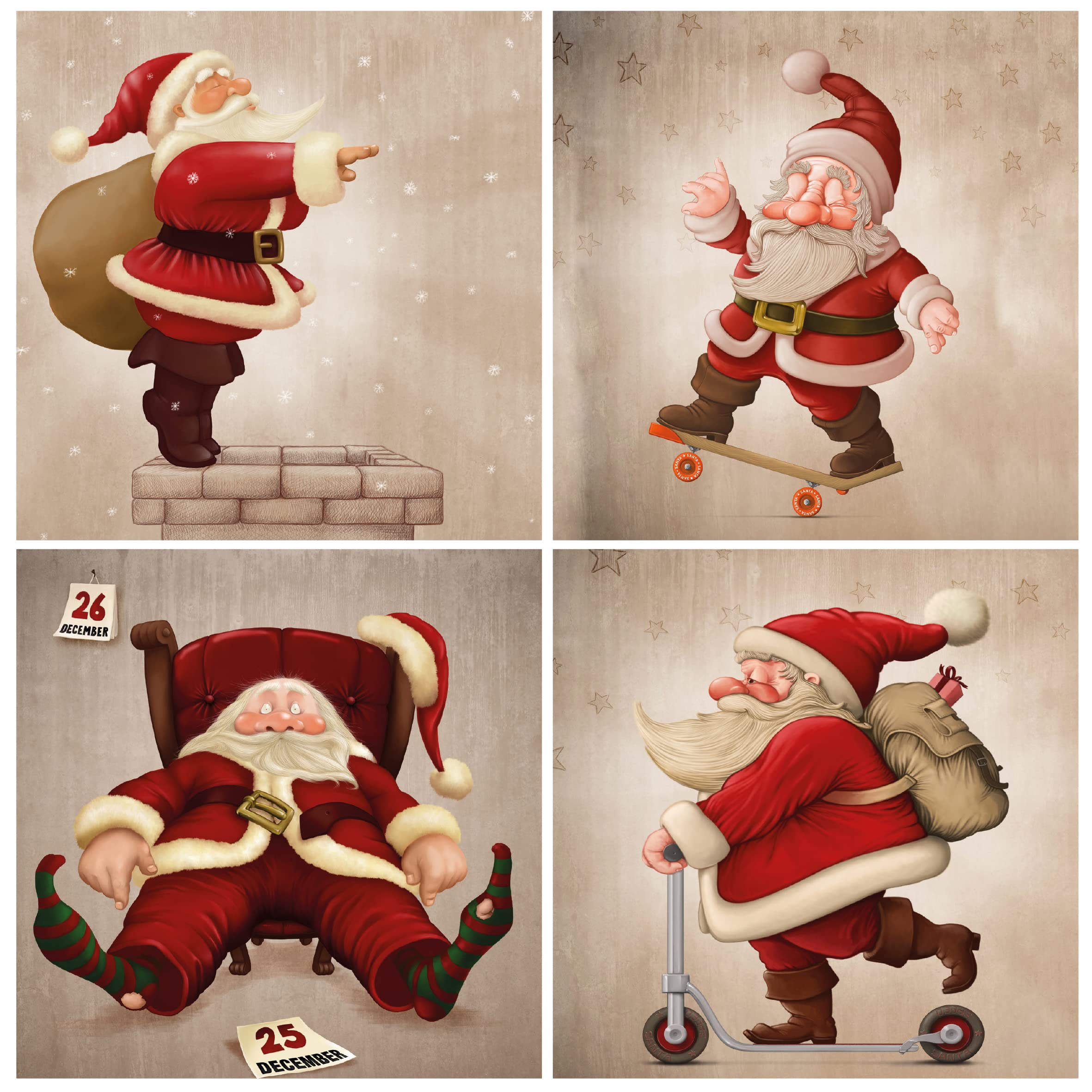 Charity Christmas Cards Pack of 24. Each Christmas Card multipack has 4 different Vintage Santa designs. Ecofriendly, recyclable, plastic free cards, envelopes and box.