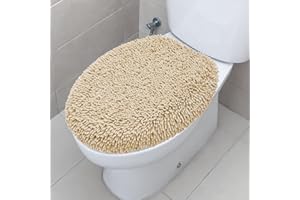 TREETONE Shaggy Chenille Bathroom Toilet Lid Cover, Ultra Soft Plush Seat Covers, Fluffy Absorbent, 19x21 Inches, Standard Toilet Lids for Bathroom Machine Wash & Dry, Beige