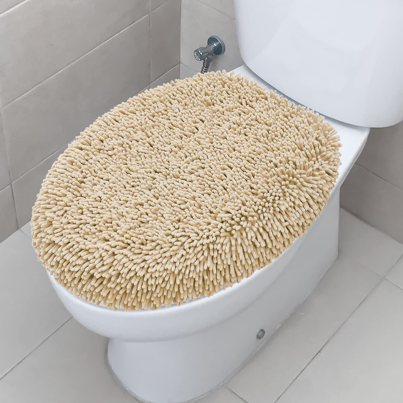 Photo 1 of TREETONE Shaggy Chenille Bathroom Toilet Lid Cover, Ultra Soft Plush Seat Covers, Fluffy Absorbent, 19x21 Inches, Standard Toilet Lids for Bathroom Machine Wash & Dry, Beige