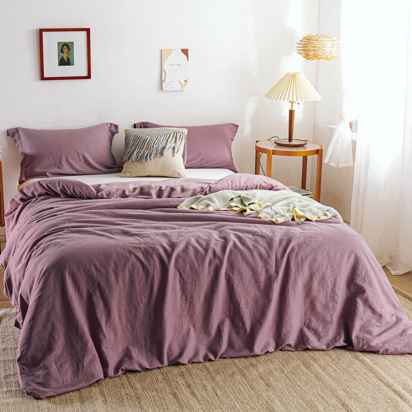Simple&Opulence 100% Linen Duvet Cover Set 3pcs Basic Style Natural French Washed Flax Solid Color Soft Breathable Farmhouse Bedding with Button Closure - Purple, Queen