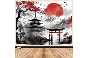 GOAOK Japanese Anime Tapestry, Cool Japan Cherry Blossom Floral Mountain Sun Asian Oriental Abstract Art Tapestry Wall Hanging for Men, Red and Black Tapestries Aesthetic for Living Room College, 60x40