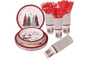 DaYammi 150PCS Christmas Tree Paper Plates,Red Christmas Disposable Party Plates Christmas Paper Dinnerware Set Include 25 Heavy Duty Dinner Paper Plates 25 Dessert Paper Plates 25 Cups 75 Cutlery