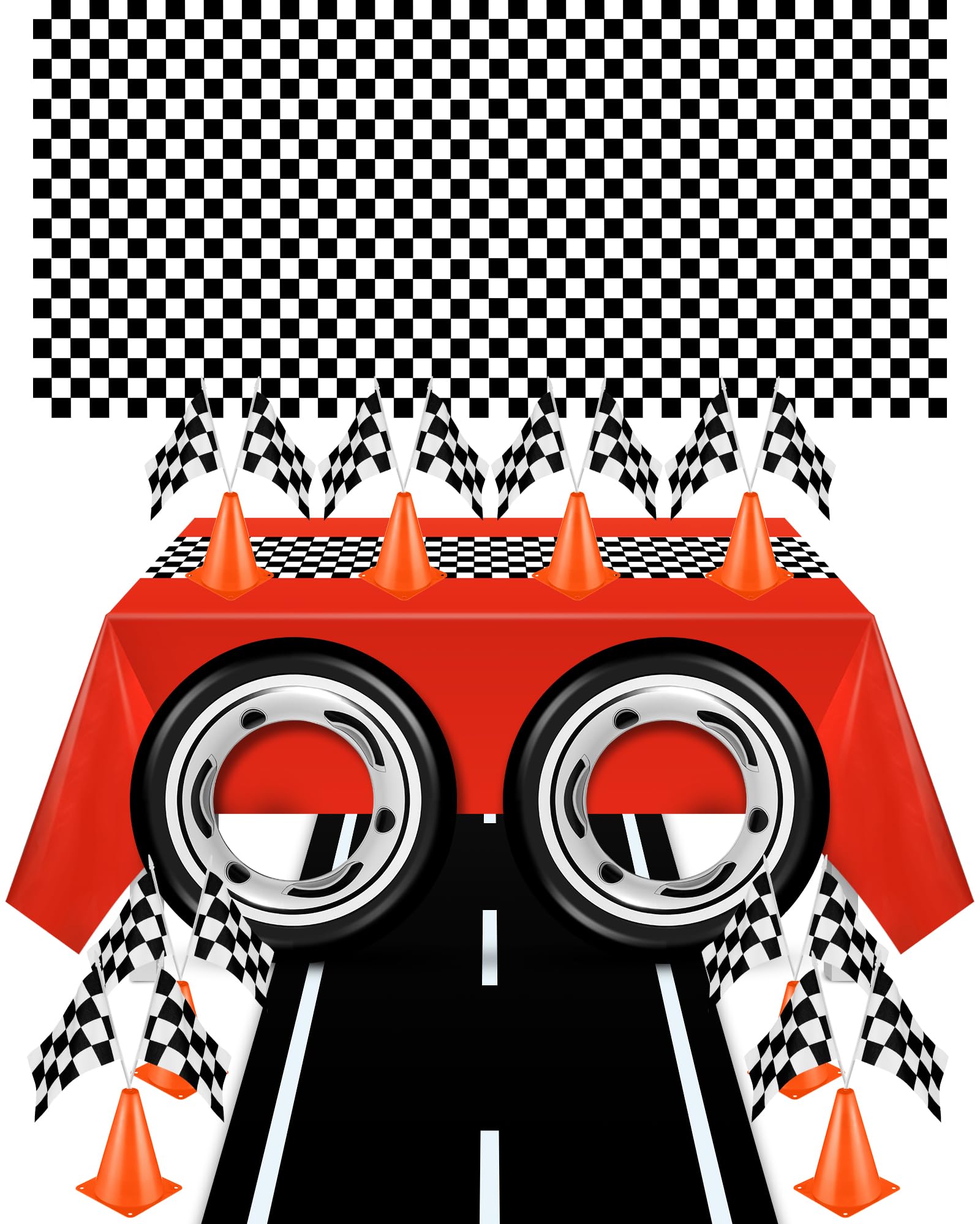 Photo 1 of 29 Pcs Race Car Birthday Party Supplies, Include 2 Plastic Table Cloth, Black Race Track Running Mat, 16 Checkered Flag, 8 Orange Traffic Cones, 2 Tire Tube Swim Ring for Racing Theme Party Decoration