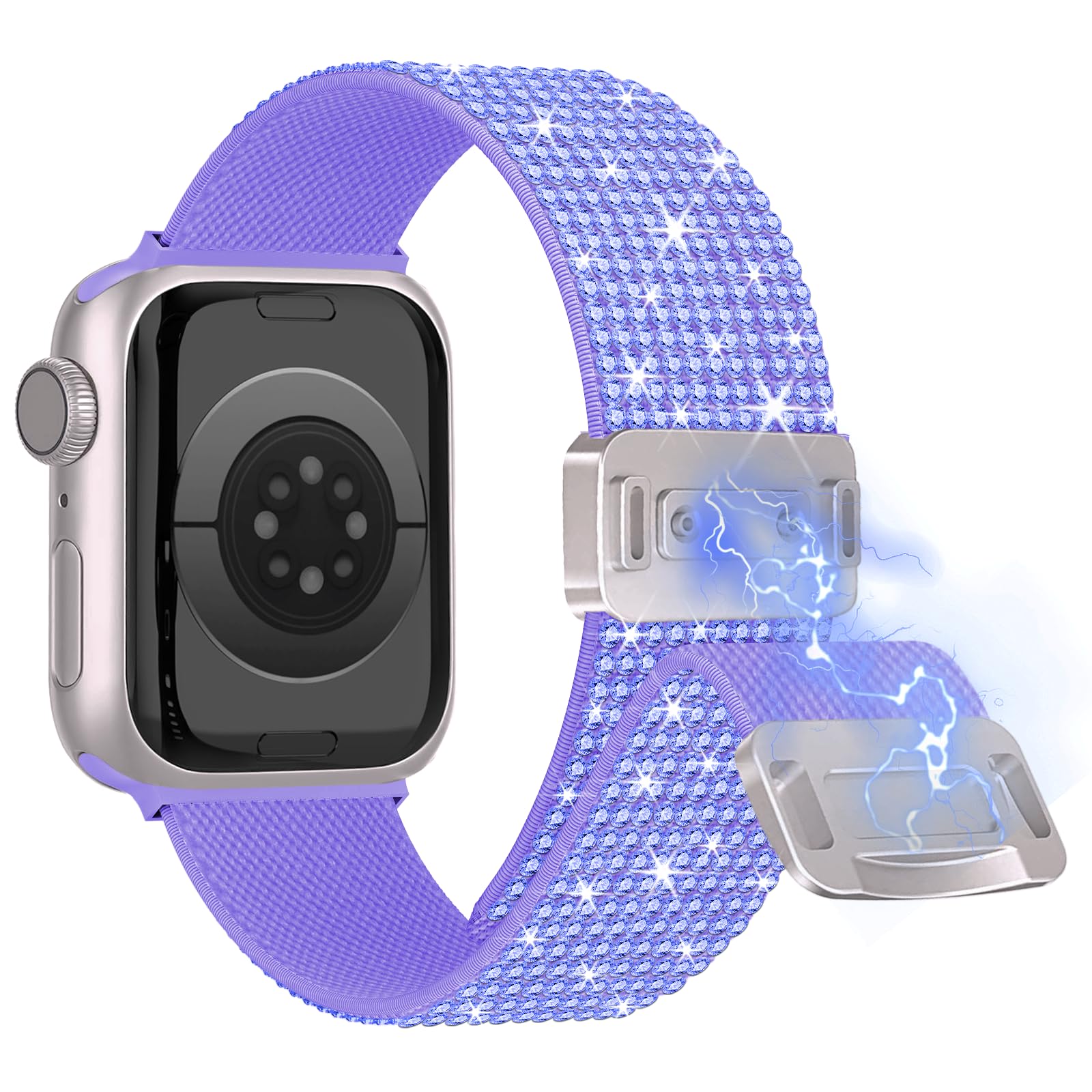 wipalor Sparkly Stretchy Nylon Magnetic Band Fit Bling Apple Watch Bands for Women 42mm 44mm 45mm 46mm 49mm, Elastic iWatch Bands for Glitter iPhone Watch Series 11 10 SE 9 8 7 6 5 4 3 Ultra-Purple
