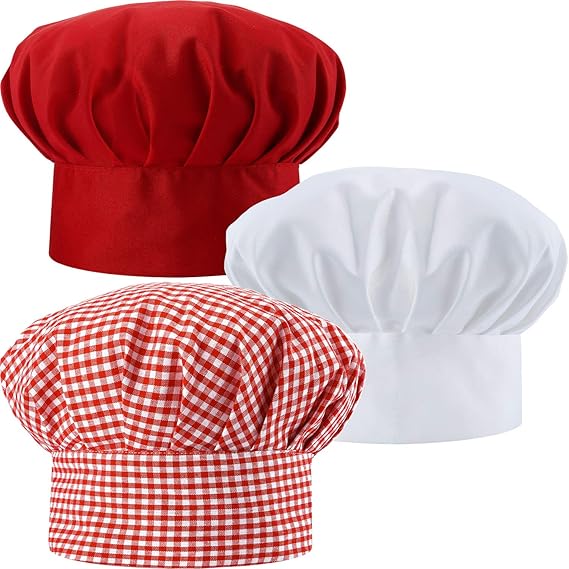 3 Pieces Gingham Chef Hat White Red Check Chef Cap for Party One