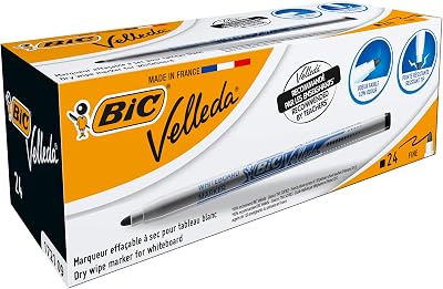 Bic velleda 1721, marcadores de quadro branco ponta fina (2,8 mm), grande capacidade de apagamento, preto, caixa com 24 unidades