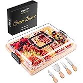 CAWIU Charcuterie Board with Lid and Handle - Portable Travel Design Bamboo Cheese Board Set with 4 Cheese Tools, Gift for Housewarming, Weddings, Picnics (6 Compartments, Black)