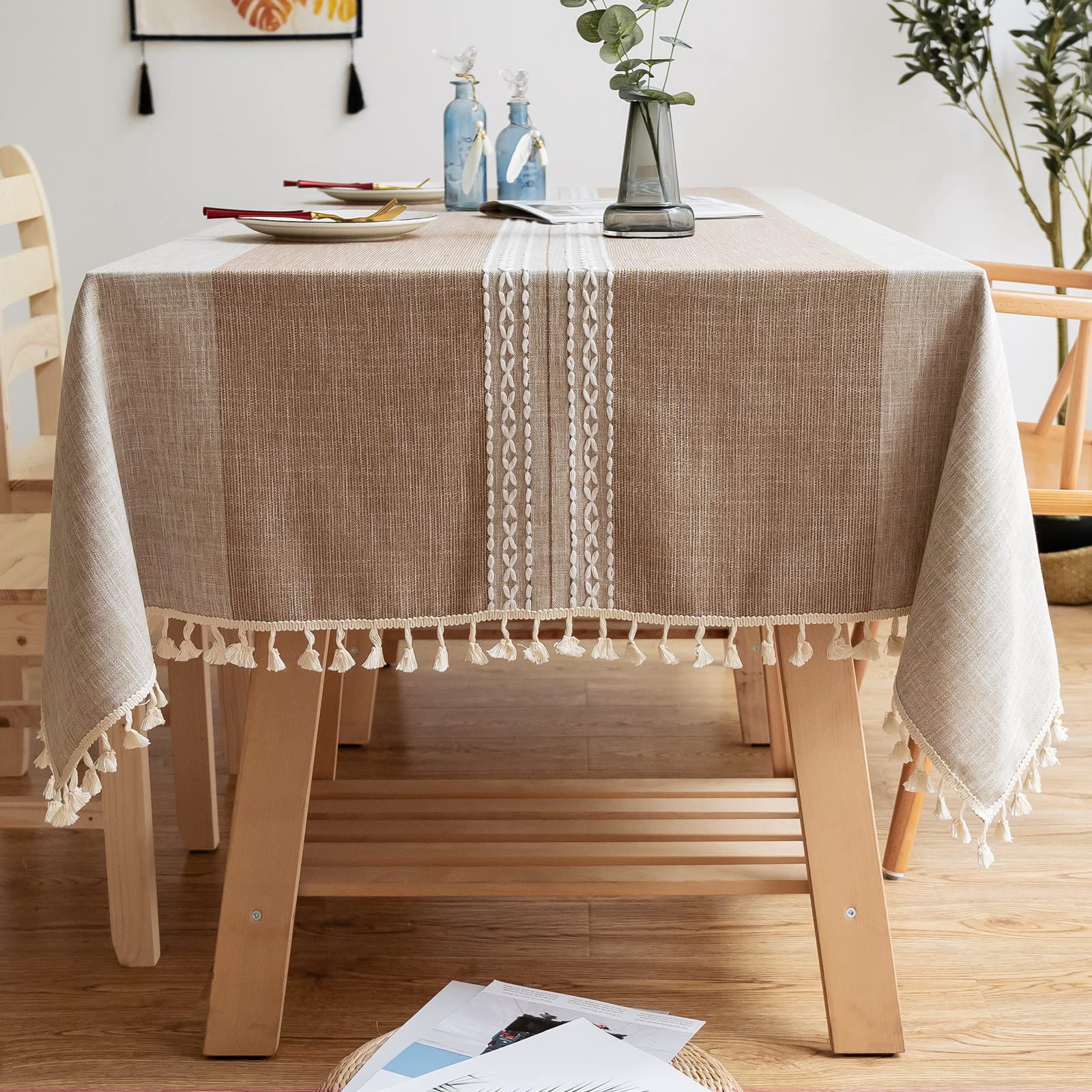 Lifetooler Table Cloths Rectangle Cotton Linen Tablecloth with Tassel Anti-Wrinkle Wipe Clean Tablecloth for Kitchen Dinning Party Tabletop Decoration(Brown, 55 x 118 inch)