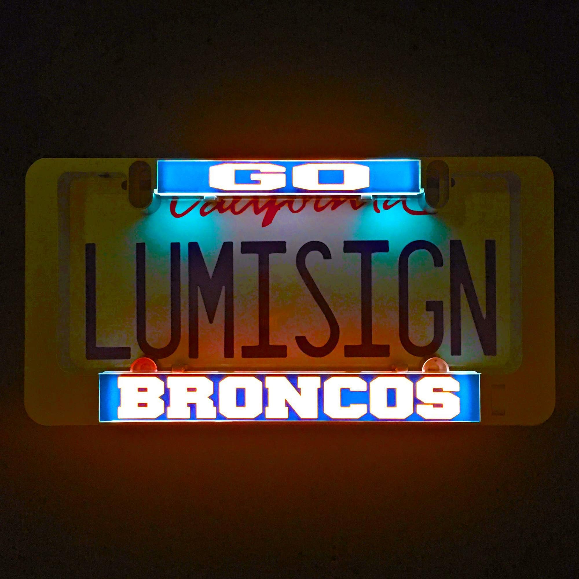 Broncos License Plate Frame | Lights Up While Decelerating | No Wires, Battery Operated | Go Broncos Inserts + LUMISIGN Frame (Bundle)