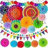 33Pcs Mexican Fiesta Party Decorations,Cinco de Mayo Decor,Multi-Color Paper Fans Garlands Pennant Tissue Pompom Hanging Swirls Garland String for Birthday Wedding Rainbow Party Decor Favors Supplies