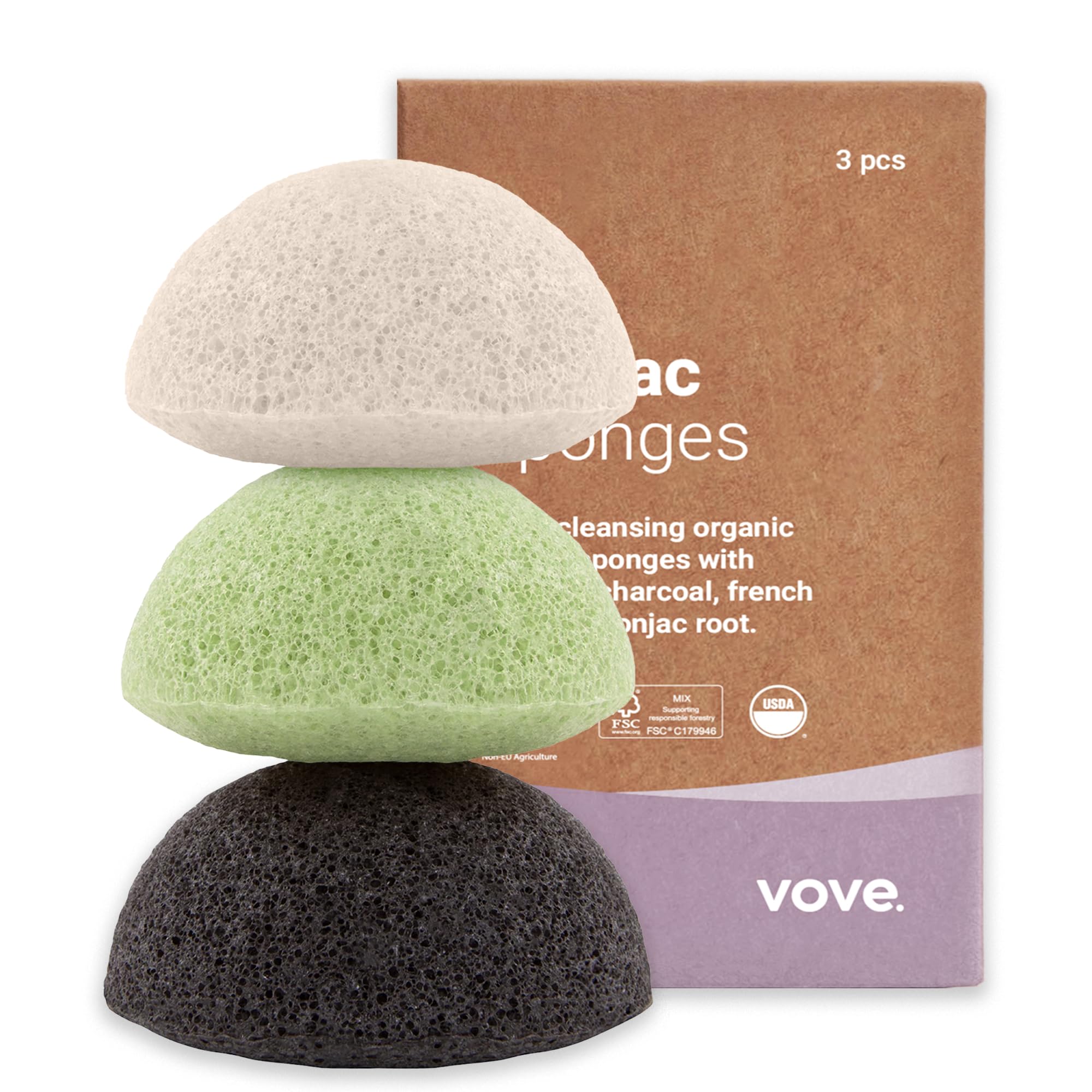 Vove Organic Konjac Facial Sponges 3-Pack - Natural Face Exfoliating Sponges with Bamboo Charcoal & Green Clay, Gentle Cleansing for All Skin Types, Natural Vegan Skincare, Certified Organic