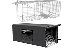 32" Live Animal Trap Cage with Cover, Heavy Duty Folding Raccoon Traps, Humane Cat Trap for Stray Cats, Raccoons, Squirrel, S