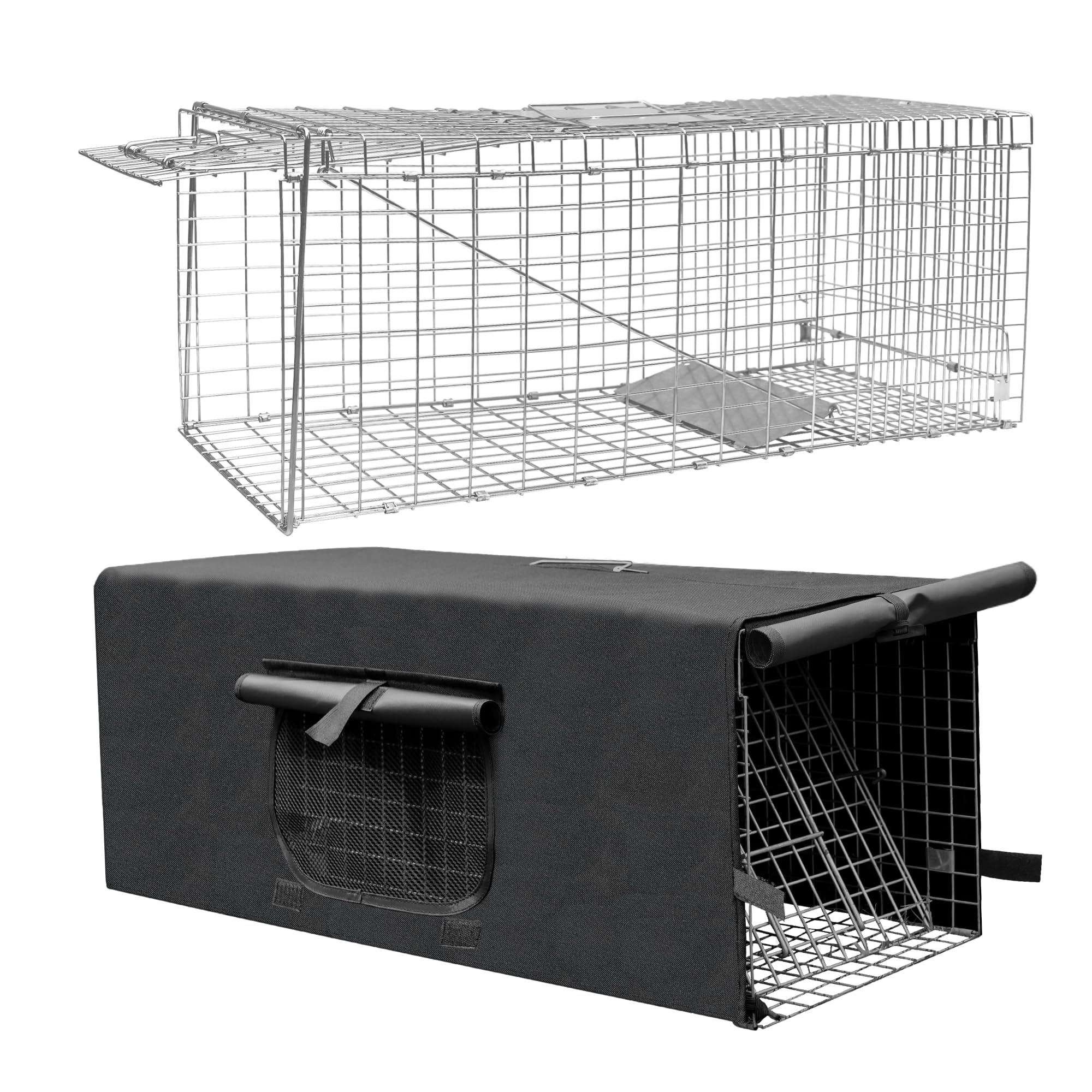 View 1 of ***has broken welds.***Live Feral Cat Trap Cage with Cover, Heavy Duty Folding Animal Traps Cage for Stray Cats, Humane Cat Trap for Raccoon, Squirrel, Skunk, Catch and Release - (32 x 10 x 12 inches)***has broken welds.***