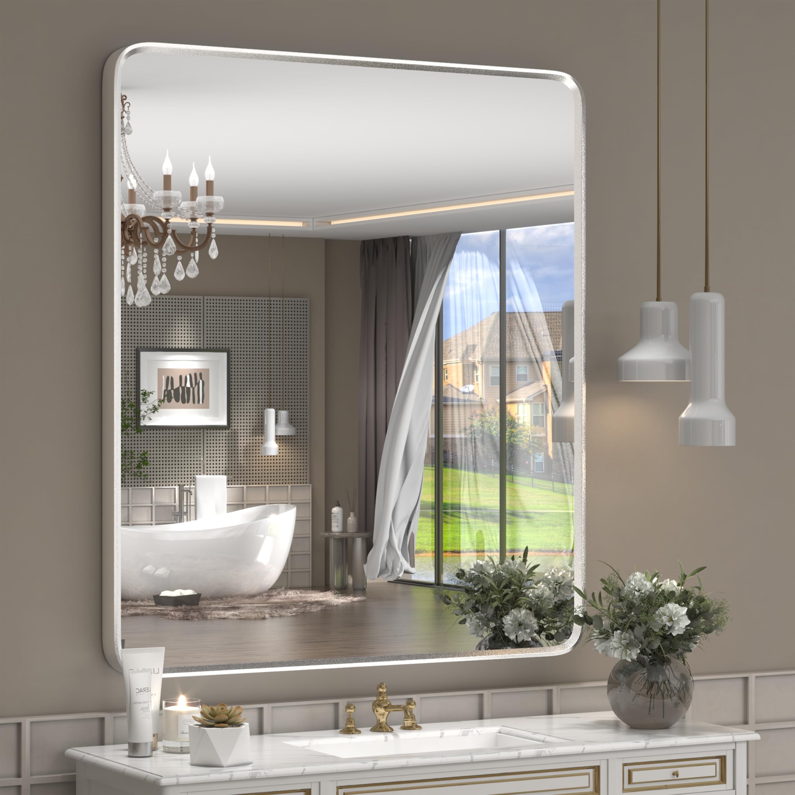 Photo 1 of GOLOMO 28x32 Inch Silver Framed Mirror, Silver Rounded Rectangle Bathroom Vanity Mirror for Wall, Silverish Painted, Shatterproof, Anti-Rust (Horizontal/Vertical)