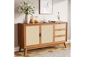 Bme Rattan Pre-Assembled Buffet Sideboard with 3 Drawers & 2 Doors, 58" Accent Console Table Living Room, Kitchen, Dining, Dark Chocolate, Jasper Storage Cabinet