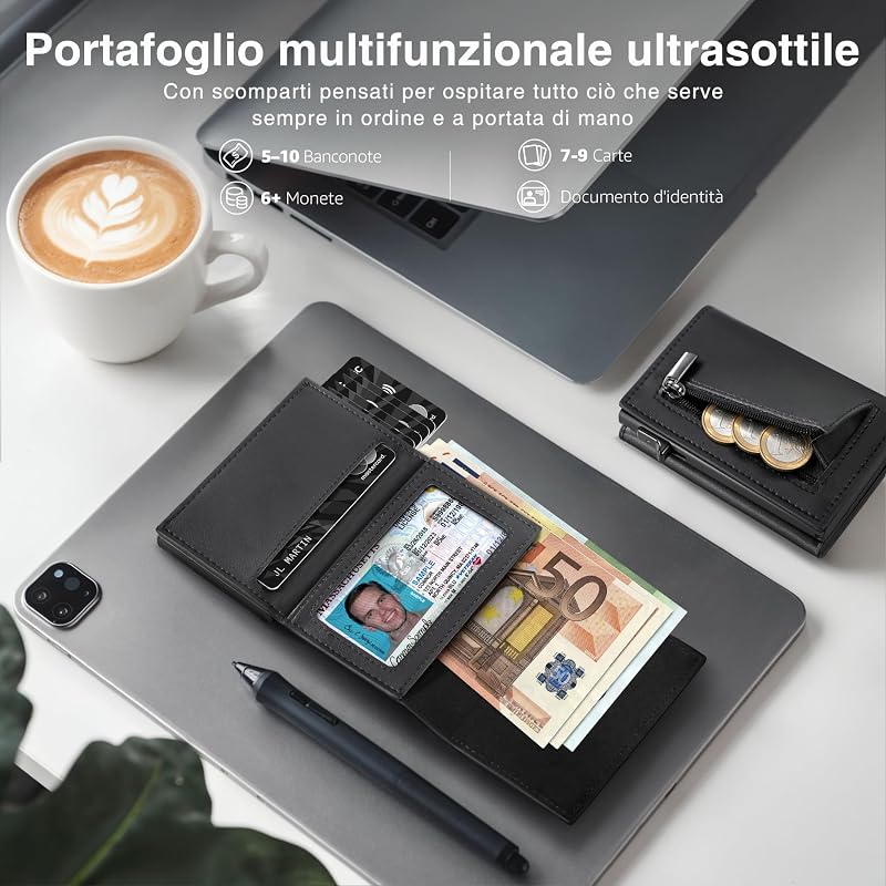 Portafoglio Uomo di Alta Qualità, esclusivo Portafoglio Uomo Slim con Portamonete & Protezione RFID, lussuoso Portacarte Uomo in Pelle, 8 Scomparti per Carte di Credito, Regalo per Uomini