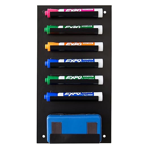 Black Metal Wall Mounted Dry Erase Marker Holder Rack for 6 Markers & 1