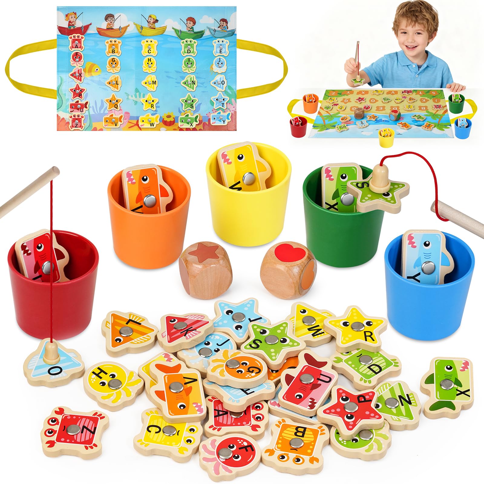 Joozmui Montessori Toys for 2 3 Year Olds Boy Girl, Wooden Fishing Game Toddler Toys Montessori Early Development & Activity Toys Educational Toys for 2 3 Year Olds Color Sorting Sensory Toy