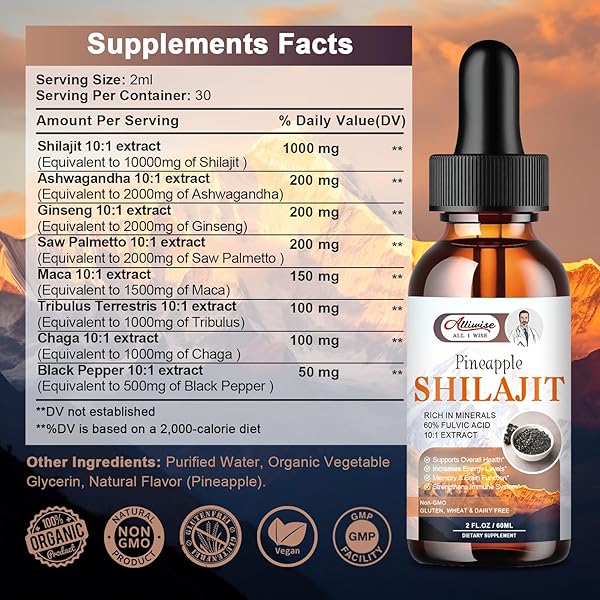 ALLIWISE PURE HIMALAYAN SHILAJIT RESIN LIQUID DROPS FOR ENERGY & IMMUNE SUPPORT-GOLDEN SHILAJIT SUPPLEMENT WITH FULVIC ACID & 85+ TRACE MINERALS COMPLEX FOR MEN & WOMEN