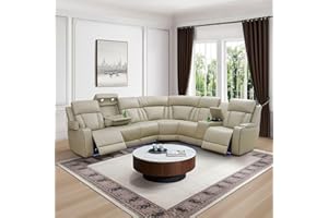 AYCP FURNITURE Power Recliner Sofa Sectional Sofa with LED Light for Living Room, Air Leather Reclining Corner Sectional Sofa Set, Cup Holder, Storage Console for Home Theater Seating (Beige, Sectional)