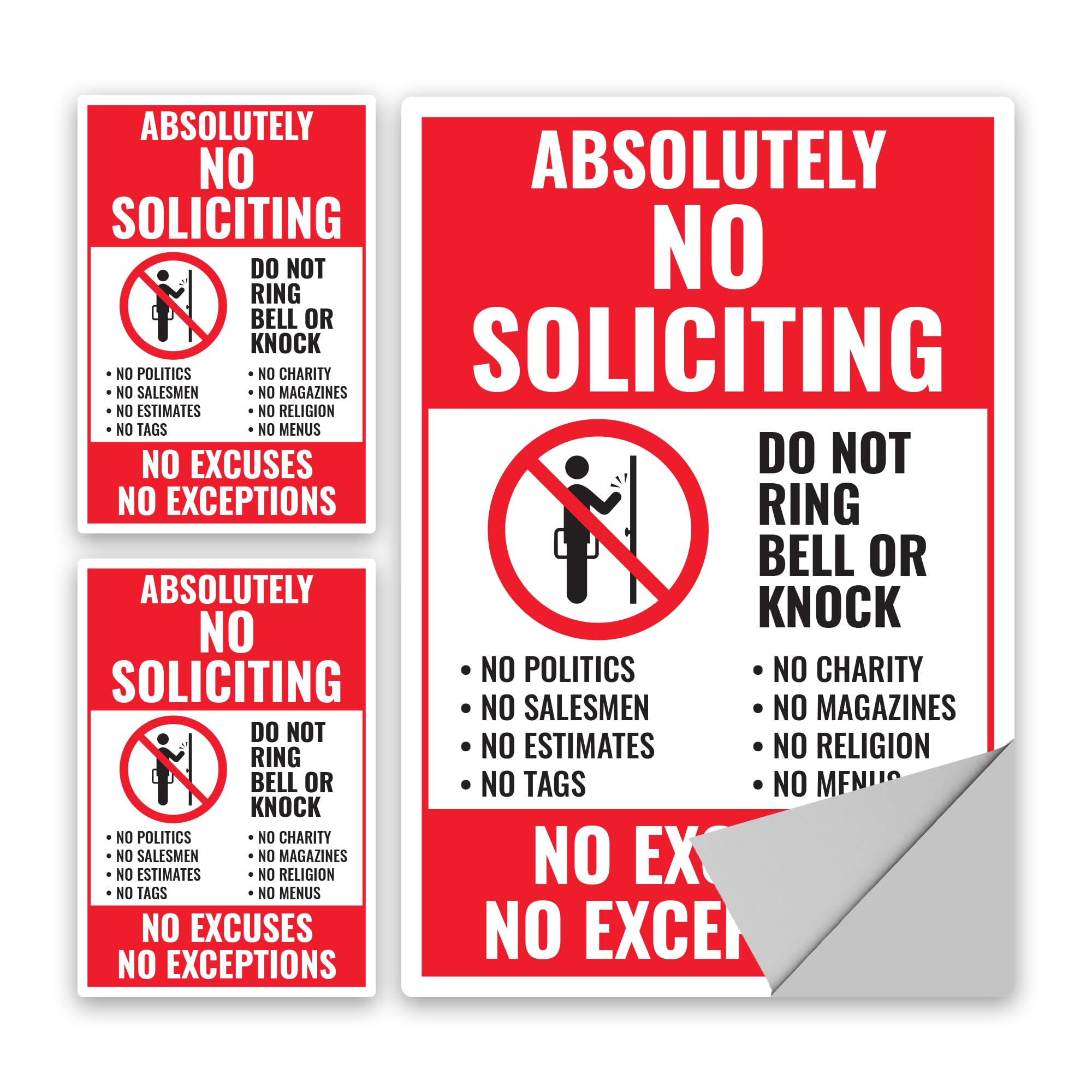 Photo 1 of 3 x Absolutely No Soliciting No Politics No Menus Signs | One 3.75"x5.5" & Two 2.75"x4" 300 Vinyl Do Not Ring Bell or Knock Labels | Self-Adhesive, Waterproof Decals for Business, Shops, Warehouses, Construction Sites