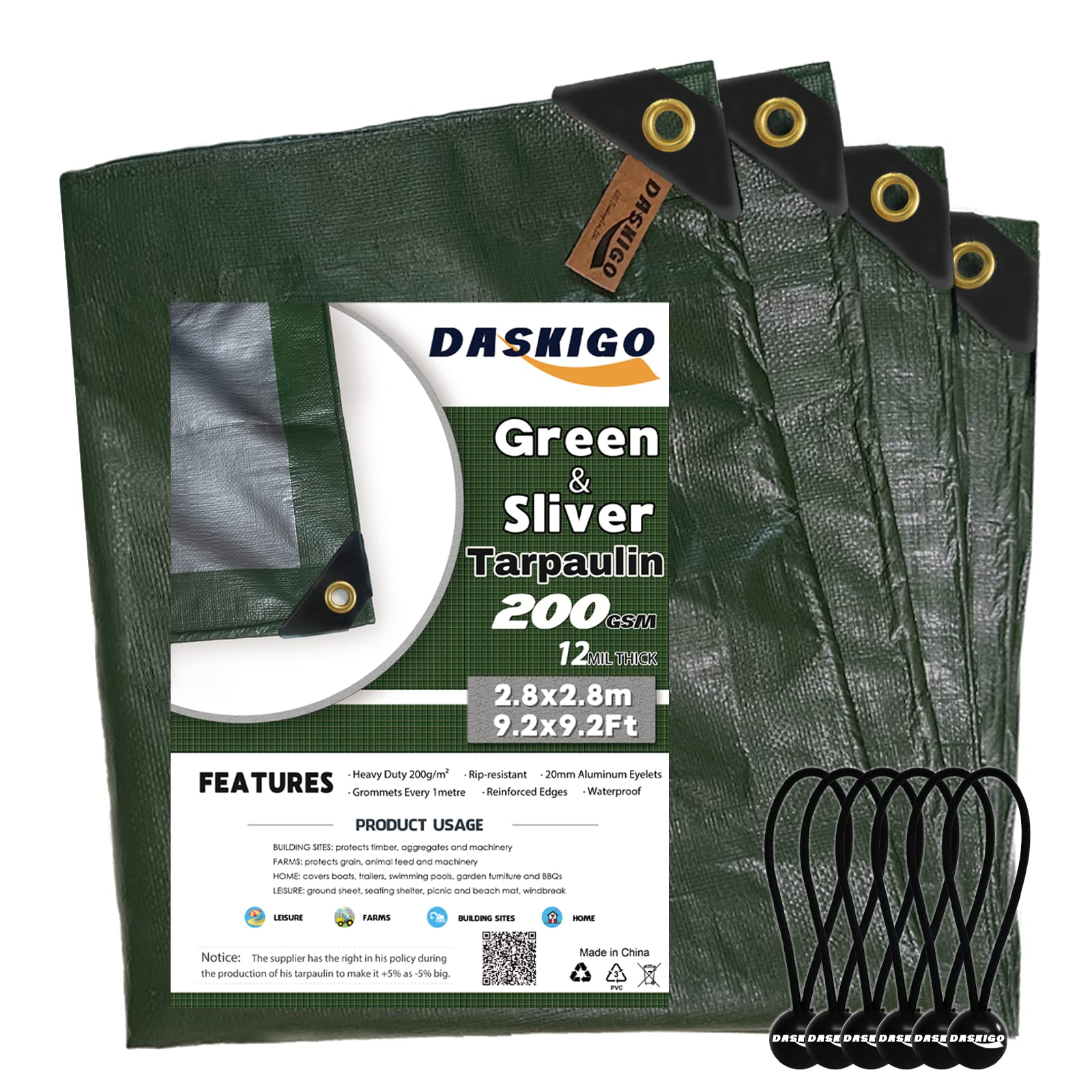 DASKIGO 3 x 3M Heavy Duty 200GSM Green&Silver Reinforced Tarpaulin Cover Waterproof Sheet & 6 Pcs Bungee Balls