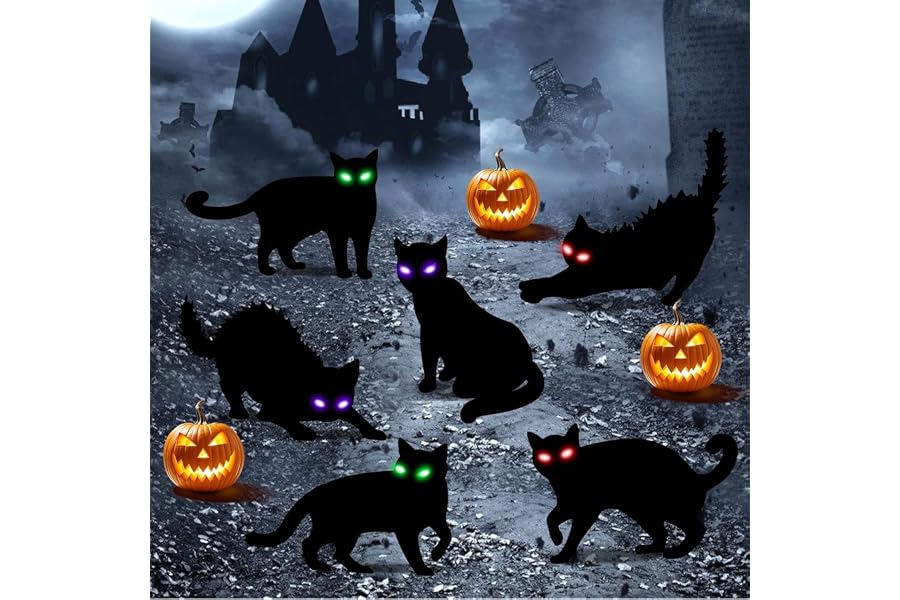 6PCS Black Cat Halloween Decorations Outdoor | LED Glowing Eyes Lights Black Cat Yard Stakes Halloween Decor, Waterproof Outside Cats Blow up Scary Patio Lawn Decorations