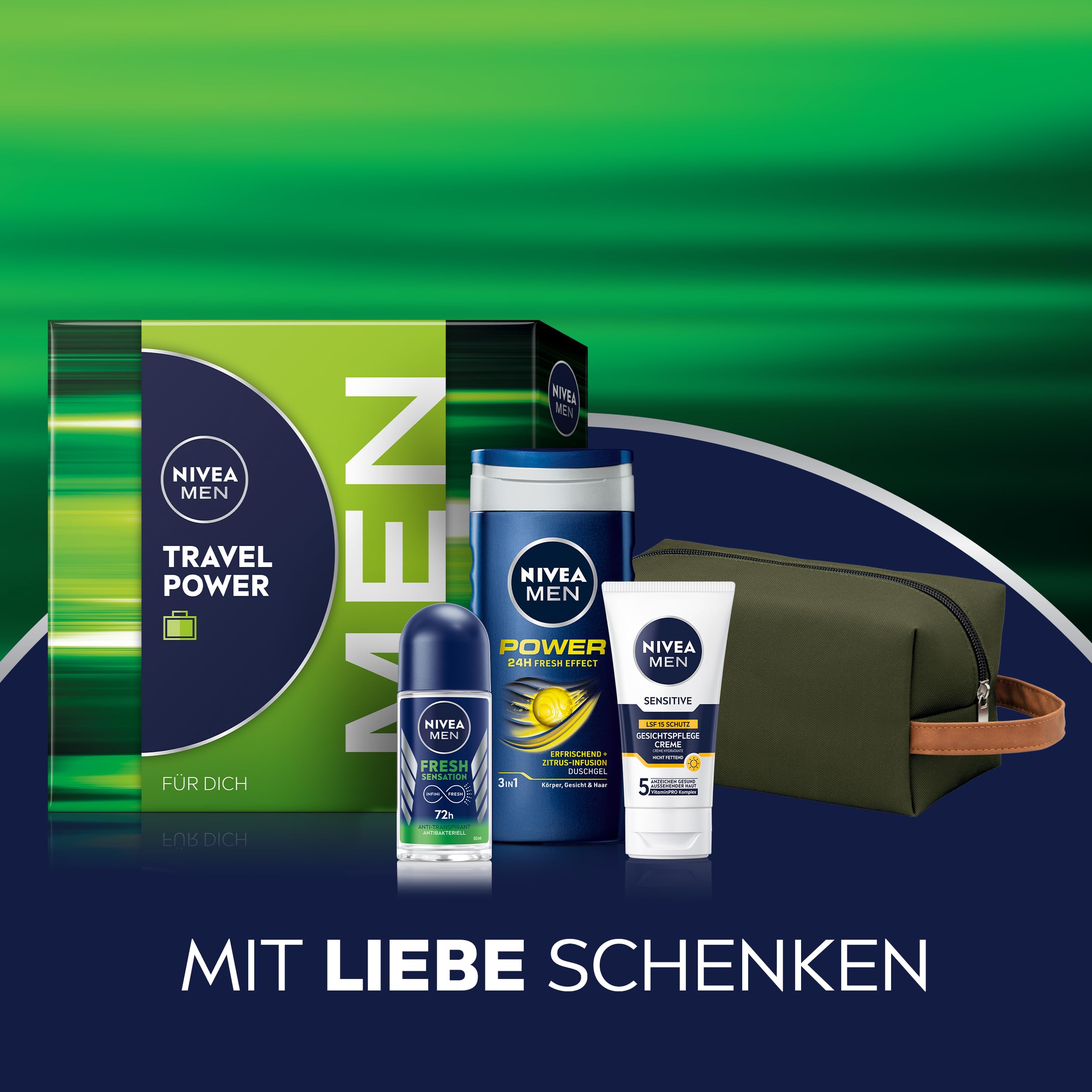 NIVEA MEN Travel Power Geschenkset, Pflegeset mit Pflegeprodukten für unterwegs, Set mit NIVEA MEN Duschgel, Deo Roll-on, Gesichtspflege Creme und Kulturtasche 3