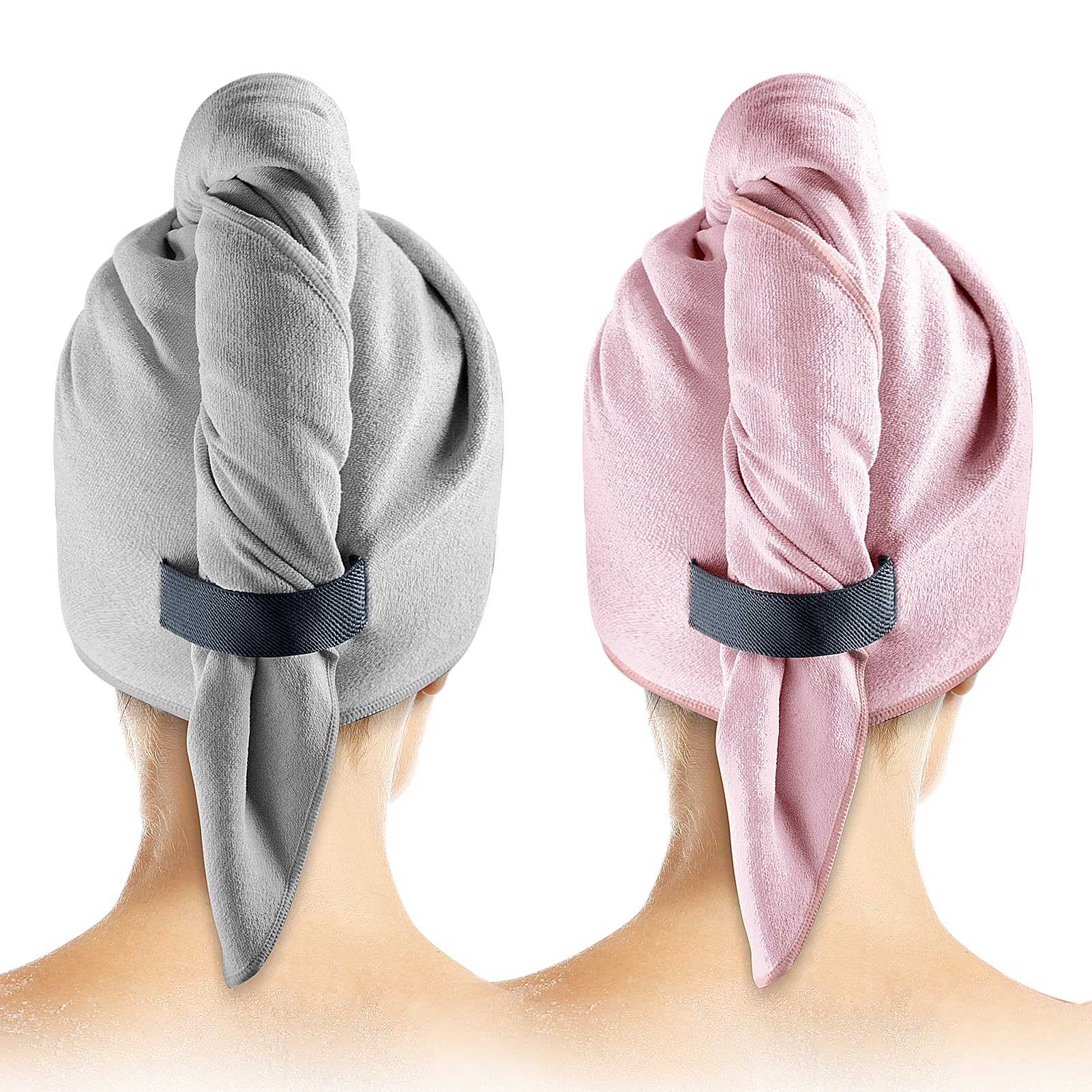 Photo 1 of 2 Pack Microfiber Hair Towel Wrap for Women - Hair Wrap Towels - Plopping Towel Curly Hair Turban Drying with Elastic Band, Thick, Super-Absorbent, Safe and Hygienic Without Odor (Gray & Pink)