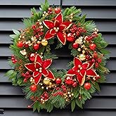 Christmas Wreaths for Front Door- 24 Inch Outdoor Prelit Christmas Door Wreath with Lights, Lighted Xmas Wreath with Poinsettia Flowers,Red Berries,Golden Ball- Home Christmas Decorations