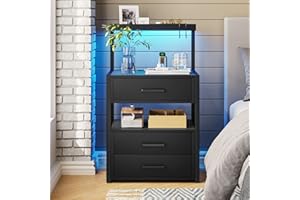 AOGLLATI Nightstand with Charging Station and LED Lights, LED Night Stand with 2 USB Ports and 2 AC Outlets, Modern End Table with 3 Drawers, Bedside Table with Open Storage for Bedroom, Black