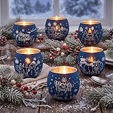 Jingmore 6 Pcs Christmas Votive Candle Holders, Navy | Gold Interior Etched Christmas Snowflake Design, Tiki Style Votive Holders for Mantle Table Centerpiece, Flameless Candles