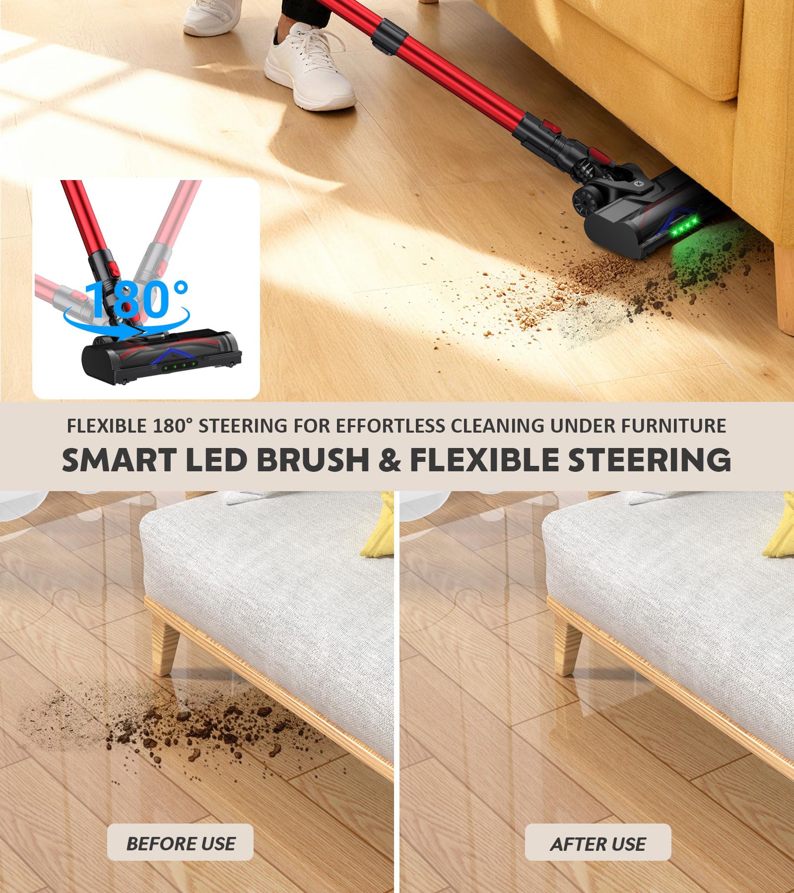 KTTLDRN Cordless Vacuum Cleaner, 500W 45Kpa 60Mins Stick Vacuum Cleaner for Home, Self-Standing Vacuum with 1.5L Dust Cup and HEPA Filter, Anti-Tangle Brush for Hardwood Floors, Carpets, and Pet Hair