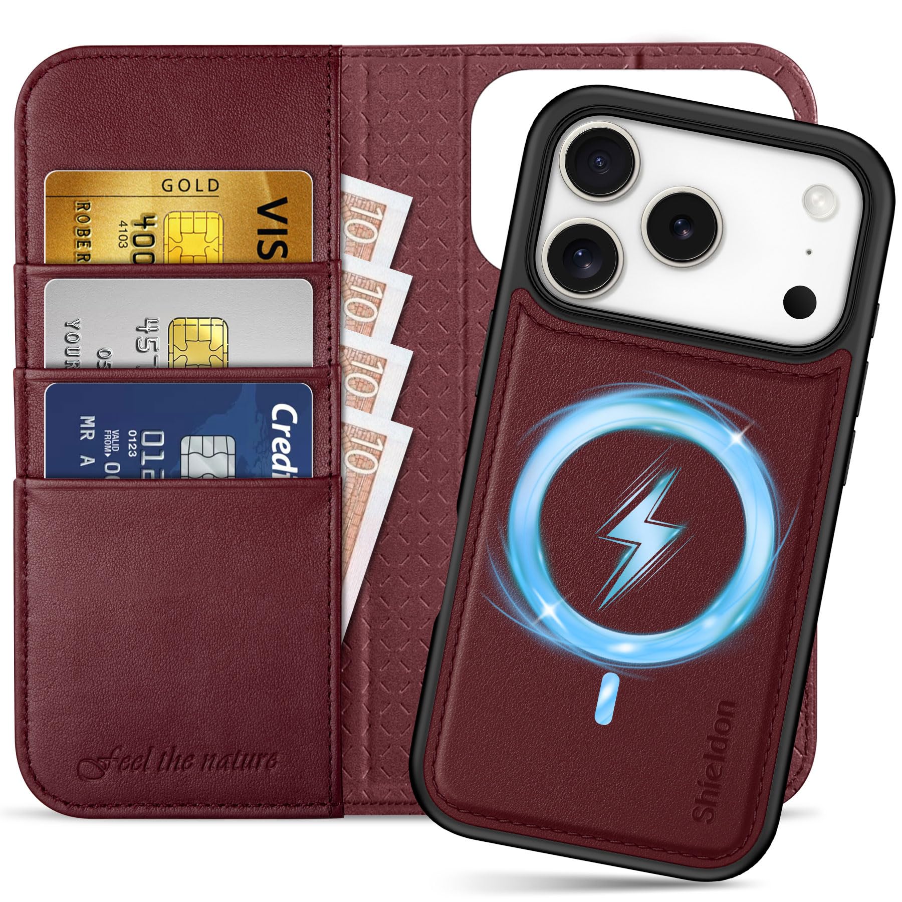 Photo 1 of SHIELDON 2 in 1 Wallet Case for iPhone 17 Pro 6.3" 2025 | Genuine Leather, Detachable, Flip Magnetic, RFID Blocking Card Slot, Kickstand, Wireless Charging, Full Protective Cover - Wine Red