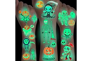 GOROMON 10 Sheets Night Glitter Luminous Halloween Temporary Tattoos For Kids Boys Girls Face, 3D Zombie Glow in The Dark Fake Tattoo Sticker, Mummy Ghost Spider Tattoos Basket Goodie Bag Stuffers Fillers