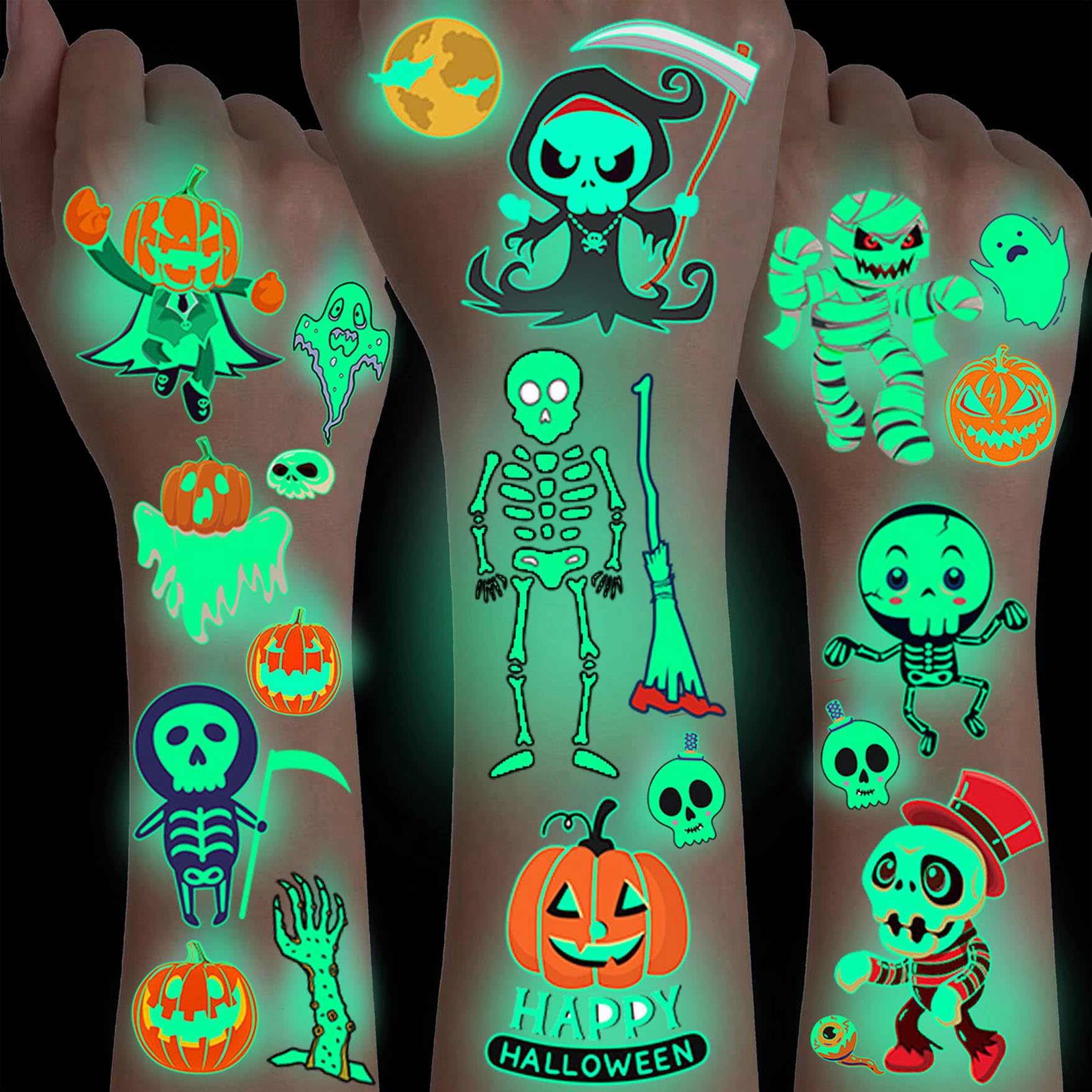 Photo 1 of 10 Sheets Night Glitter Luminous Halloween Temporary Tattoos For Kids Boys Girls Face, 3D Zombie Glow in The Dark Fake Tattoo Sticker, Mummy Ghost Spider Tattoos Basket Goodie Bag Stuffers Fillers