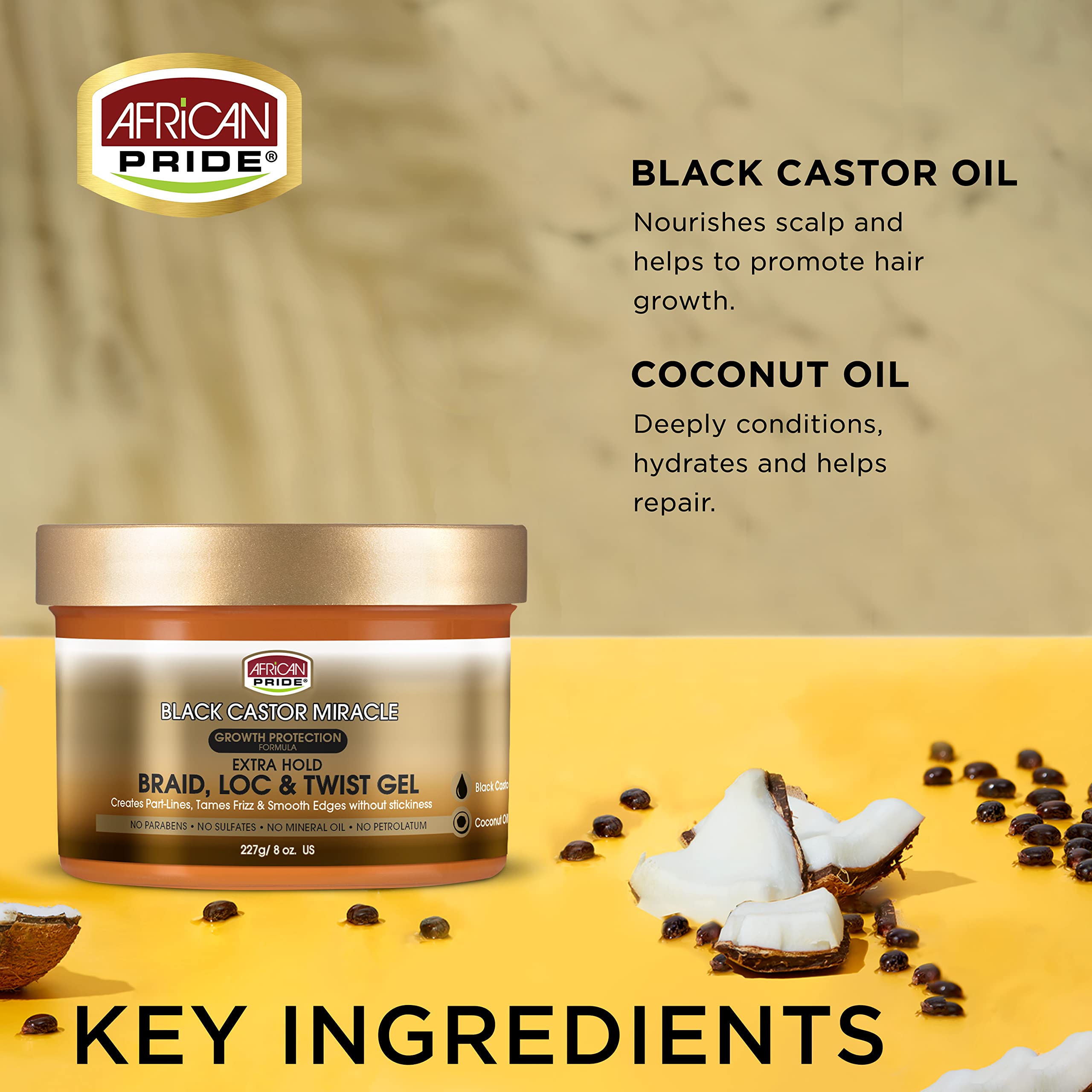 African Pride Black Castor Miracle Extra Hold Braid, Loc, Twist Gel - Extreme Hold Braiding Hair Gel, Edge Control & Tames Frizz, No Flake | Natural Ingredients, Coconut Oil | 8oz