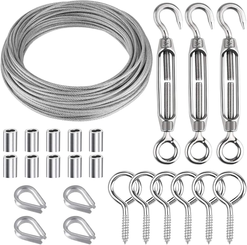 CHRORINE 24 Pcs M5 Stainless Steel Wire Rope Kit Turnbuckle Thimble Grommets