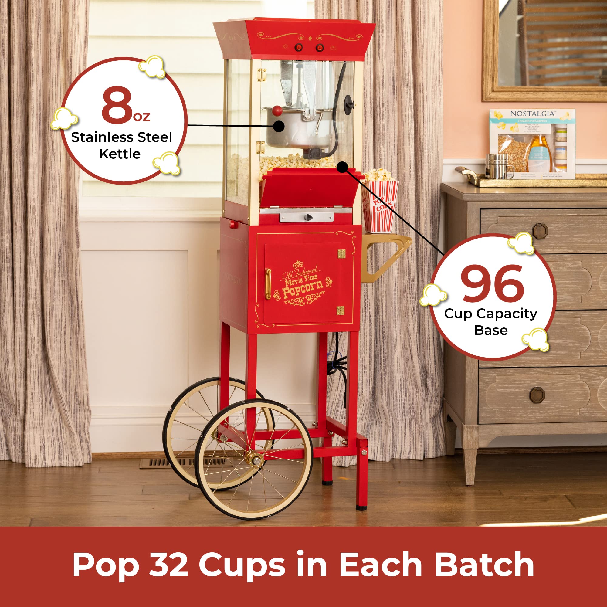 Nostalgia Popcorn Maker Machine - Professional Cart With 8 Oz Kettle Makes Up to 32 Cups - Vintage Popcorn Machine Movie Theater Style - Red